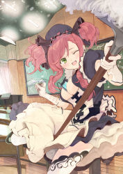 Rule 34 | 1girl, air guitar, blush, breasts, cellphone, chair, chalkboard, classroom, cleavage, cleavage cutout, clothing cutout, curved ceiling, desk, dress, earphones, frilled dress, frills, furukawa itsuse, gloves, green eyes, hat, heart, heart cutout, highres, instrument, leg up, light particles, lights, looking at viewer, maid, medium breasts, moe2015, mop, music stand, musical note, no bra, one eye closed, open mouth, original, phone, piano, pocket, protractor, quaver, red hair, school, school desk, short sleeves, smile, solo, thighhighs, treble clef, twintails, white gloves, white thighhighs, wink, wooden floor