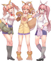 Rule 34 | 3girls, alternate costume, animal ear fluff, animal ears, animal hands, bad id, bad pixiv id, bell, blush, bow, breasts, cat paws, cleavage, clothes around waist, collar, fangs, fate/extella, fate/extra, fate/grand order, fate (series), fox ears, fox girl, fox tail, full body, glasses, gloves, hair bow, highres, jacket, jacket around waist, jingle bell, koyanskaya (fate), large breasts, long hair, looking at viewer, multiple girls, neck bell, official alternate costume, paw gloves, paw shoes, pink hair, school uniform, shirt, shoes, sikijou77o, simple background, skirt, smile, tail, tamamo (fate), tamamo cat (fate), tamamo no mae (fate/extra), tamamo no mae (jk) (fate), twintails, unbuttoned, white background, yellow eyes