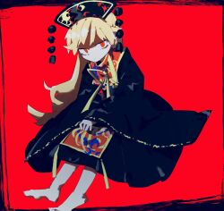 Rule 34 | 1girl, absurdres, barefoot, black dress, black hat, blonde hair, closed mouth, dress, full body, hat, highres, junko (touhou), long hair, long sleeves, looking at viewer, neck ribbon, print tabard, red background, red eyes, red tabard, ribbon, simple background, so happy 64, solo, tabard, touhou, very long hair, yellow ribbon