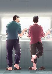 Rule 34 | 2boys, alternate costume, back, black eyes, black hair, brown pants, buzz cut, casual, character request, contemporary, contrapposto, decoy00xx, dishwashing, from behind, full body, golden kamuy, green shirt, hair slicked back, leg up, looking at another, male focus, multiple boys, ogata hyakunosuke, pants, pink shirt, sandals, shirt, short hair, undercut, very short hair