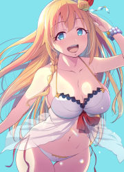 Rule 34 | 1girl, :d, bead bracelet, beads, bikini, blonde hair, blue background, blue eyes, bracelet, breasts, collarbone, commentary request, cowboy shot, flower, hair flower, hair ornament, jewelry, large breasts, long hair, looking at viewer, natsumi akira, navel, open mouth, pecorine (princess connect!), pecorine (summer) (princess connect!), princess connect!, simple background, smile, solo, stomach, swimsuit, teeth, thigh gap, upper teeth only, white bikini