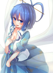 Rule 34 | 1girl, blue dress, blue eyes, blue hair, blush, borushichi, breasts, cleavage, clothes pull, collarbone, dress, dress pull, dutch angle, flower, from above, hagoromo, hair ornament, hair rings, hair stick, highres, kaku seiga, looking at viewer, matching hair/eyes, medium breasts, mole, mole on breast, open clothes, open vest, parted lips, puffy sleeves, pulling own clothes, sash, shawl, short hair, smile, solo, sweat, touhou, vest, white background, white vest