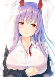 Rule 34 | 1girl, absurdres, animal ears, black jacket, blazer, blush, bra, breasts, commentary request, head tilt, highres, jacket, large breasts, liya, long hair, looking at viewer, neck ribbon, off shoulder, petals, pink bra, purple hair, rabbit ears, red eyes, red ribbon, reisen udongein inaba, ribbon, see-through, shirt, simple background, smile, solo, touhou, underwear, undone neck ribbon, upper body, white background, white shirt, wing collar