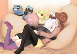 Rule 34 | 10s, 2girls, bed, black legwear, black panties, brown hair, character doll, couple, creatures (company), croagunk, cuddling, double bun, freckles, game freak, gen 1 pokemon, gen 4 pokemon, gen 5 pokemon, gym leader, hair bobbles, hair bun, hair ornament, highvoltage, hood, hoodie, hug, indoors, koffing, long hair, lucario, lying, lying on person, multiple girls, nintendo, no pants, no shoes, on back, on stomach, panties, pantyhose, pantyhose under shorts, pokemon, pokemon (creature), pokemon bw2, rosa (pokemon), roxie (pokemon), short hair, shorts, snivy, striped clothes, striped legwear, striped thighhighs, stuffed animal, stuffed toy, thighhighs, topknot, twintails, underwear, white hair, yuri