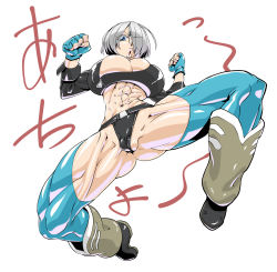 Rule 34 | 1girl, abs, angel (kof), black panties, blue eyes, boots, breasts, chaps, cleft of venus, clenched hands, cropped jacket, fingerless gloves, gloves, hair over one eye, highres, huge breasts, jumping, leg warmers, lips, midriff, muscular, muscular female, panties, partially visible vulva, short hair, silver hair, simple background, solo, sorahachi midoro, the king of fighters, thick thighs, thighs, underwear, white background, zipper