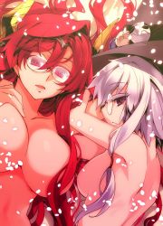Rule 34 | 10s, 2girls, bespectacled, breasts, convenient censoring, demon horns, from side, glasses, hair censor, hair over breasts, hat, highres, horns, ishida akira, large breasts, light purple hair, long hair, looking at viewer, maou (maoyuu), maoyuu maou yuusha, multiple girls, nude, onna mahoutsukai (maoyuu), parted lips, purple eyes, red eyes, red hair, short hair with long locks, sideboob, small breasts, upper body, witch hat
