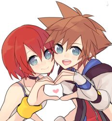 Rule 34 | 1boy, 1girl, blue eyes, breasts, brown hair, closed mouth, commentary request, hood, hoodie, jewelry, jyaco7777, kairi (kingdom hearts), kingdom hearts, kingdom hearts i, necklace, red hair, short hair, sora (kingdom hearts)