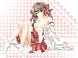 Rule 34 | 1girl, arm support, bad id, bad pixiv id, bare shoulders, blush, bow, breasts, brown eyes, brown hair, checkered background, clitoris, clothes pull, collarbone, feet, female focus, full body, hair bow, highres, japanese clothes, knees together feet apart, legs, long hair, medium breasts, miko, navel, nipples, off shoulder, open clothes, open shirt, original, pussy, shirt, sitting, skirt, skirt pull, socks, solo, tabi, tama (tamatamo), twintails, uncensored, white socks