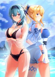 Rule 34 | 2girls, bare shoulders, beach, bikini, blonde hair, blouse, blue hair, blue sky, blush, bow, breasts, crossed arms, detached sleeves, eula (genshin impact), frilled sleeves, frills, genshin impact, hair bow, highres, jean (genshin impact), jean (sea breeze dandelion) (genshin impact), medium breasts, mon-chan, multiple girls, navel, ponytail, see-through, see-through sleeves, shirt, shorts, sky, standing, swimsuit