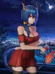 Rule 34 | 1girl, absurd fox, absurdres, alternate costume, arknights, blue hair, breasts, ch&#039;en (arknights), cleavage, cup, dragon girl, dragon horns, dragon tail, dress, drinking glass, highres, horns, looking at viewer, medium breasts, moon, night, night sky, red dress, red eyes, scrunchie, side ponytail, sky, solo, standing, star (sky), starry sky, tail, thighhighs, wine glass