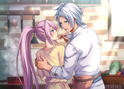 Rule 34 | 1boy, 1girl, alphen (tales), belt, blue eyes, blurry, blush, braid, carrot, cooking, couple, dated, depth of field, food, hand on another&#039;s back, highres, holding, holding food, kitchen, ladle, lettuce, long hair, looking at another, pink hair, ponytail, popped collar, saucepan, shionne (tales), silver hair, sleeve cuffs, spatula, spoilers, steam, stove, sunlight, tales of (series), tales of arise, toraji (tigertime), very long hair, window