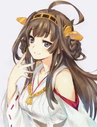 Rule 34 | 10s, 1girl, ahoge, bad id, bad twitter id, bare shoulders, breasts, brown hair, collarbone, detached sleeves, double bun, grey background, hair ornament, hairband, headgear, japanese clothes, kantai collection, kawata hisashi, kongou (kancolle), long hair, looking at viewer, nontraditional miko, portrait, ribbon-trimmed sleeves, ribbon trim, smile, solo