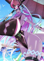 Rule 34 | 1girl, absurdres, armpits, ass, beach, blue hair, blunt bangs, breasts, cleavage, commentary request, curvy, dark-skinned female, dark skin, fate/grand order, fate (series), highleg, highleg swimsuit, highres, hikimayu, horns, huge ass, huge breasts, ibuki douji (fate), ibuki douji (swimsuit berserker) (fate), ibuki douji (swimsuit berserker) (first ascension) (fate), looking at viewer, magatama, monster, monster girl, multicolored hair, one-piece swimsuit, oni, oni horns, pink hair, psyche oreca, red eyes, shide, solo, sportswear, standing, sweat, swimsuit, sword, tail, thick thighs, thighs, two-tone hair, umbrella, weapon, wet, wind chime