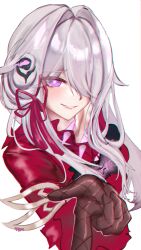 Rule 34 | 1girl, absurdres, bright pupils, commentary, grey hair, hair intakes, highres, honkai (series), honkai impact 3rd, long hair, looking at viewer, nyeppu, purple eyes, red shirt, shirt, solo, thelema (honkai impact), upper body, white background, white pupils