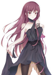 Rule 34 | 1girl, absurdres, bare shoulders, black dress, black pantyhose, breasts, clark (159123), closed mouth, clothes lift, collarbone, dress, dress lift, feet out of frame, girls&#039; frontline, hand on own chest, highres, long hair, looking at viewer, medium breasts, official alternate costume, pantyhose, purple hair, red eyes, solo, standing, wa2000 (ballroom interlude) (girls&#039; frontline), wa2000 (girls&#039; frontline), white background