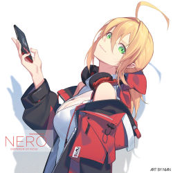 Rule 34 | 1girl, ahoge, bare shoulders, blonde hair, breasts, cellphone, character name, cleavage, cleavage cutout, clothing cutout, copyright name, fate/extra, fate (series), green eyes, hair between eyes, hair intakes, head tilt, headphones, headphones around neck, high collar, highres, holding, holding phone, jacket, long hair, looking at viewer, medium breasts, nero claudius (fate), nero claudius (fate) (all), nero claudius (fate/extra), nian (zhanian), off shoulder, phone, shirt, sleeveless, sleeveless shirt, smartphone, smile, solo, white shirt
