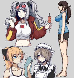 Rule 34 | 4girls, ;t, absurdres, animal ears, arknights, bare legs, bianka durandal ataegina, black eyes, black hair, black shorts, blonde hair, blue eyes, blue shirt, breasts, clenched hand, collarbone, commentary request, crop top, cropped jacket, cropped torso, dinoyhs, feater (arknights), feater (gourmet) (arknights), food, full body, grey background, grey hair, hair over one eye, hand up, hat, highres, holding, holding food, honkai (series), honkai impact 3rd, jacket, large breasts, long hair, long sleeves, looking at viewer, low ponytail, midriff, mob cap, multiple girls, navel, official alternate costume, open clothes, open jacket, panda ears, red eyes, red jacket, revision, rita rossweisse, shirt, short shorts, shorts, simple background, sleeveless, sleeveless shirt, standing, stomach, t-shirt, thighs, twintails, upper body, white headwear, white shirt