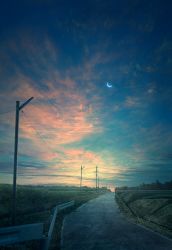 Rule 34 | cloud, commentary request, crescent, crescent moon, gradient sky, highres, horizon, mks, moon, nature, night, night sky, no humans, original, outdoors, power lines, road, scenery, sky, sunrise, twilight