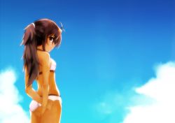 Rule 34 | 1girl, adeltrud walter, ahoge, alternate hairstyle, antenna hair, bikini, blue background, blue sky, breasts, brown eyes, brown hair, choker, cloud, cowboy shot, dark skin, dark-skinned female, day, dual ahoge, from side, hair tie, knight&#039;s &amp; magic, knight&#039;s and magic, long hair, looking at viewer, messy hair, ponytail, sidelocks, sky, small breasts, smile, solo, standing, summer, swimsuit, tan, tousled hair, udoku (suzucaste), white bikini