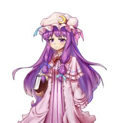 Rule 34 | 1girl, admiral0828, blue bow, blue ribbon, book, bow, bowtie, capelet, closed mouth, commentary request, crescent, crescent hat ornament, dress, frown, hair bow, hat, hat ornament, hat ribbon, holding, holding book, light blush, looking at viewer, mob cap, patchouli knowledge, pink bow, pink ribbon, purple eyes, red bow, red bowtie, ribbon, robe, simple background, solo, striped clothes, striped dress, touhou, vertical-striped clothes, vertical-striped dress, white background, yellow bow