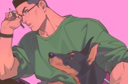Rule 34 | 1boy, black hair, dog, glasses, green shirt, highres, holding, holding pencil, ke (ke sd), male focus, muscular, muscular male, original, pencil, pink background, shirt, simple background, sitting, sleeves rolled up, t-shirt, thick lips, wristband