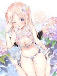 Rule 34 | 1girl, arm support, babydoll, bare legs, bikini, blush, bra, bracelet, breasts, checkered bikini, checkered clothes, cleavage, commentary request, demon girl, flower, from above, front-tie bikini top, front-tie top, hair flower, hair ornament, highres, horns, hydrangea, in water, jewelry, large breasts, long hair, navel, one eye closed, panties, parted bangs, parted lips, petals, pink hair, pointy ears, purple eyes, ritta (succubus-san), see-through, side-tie bikini bottom, side-tie panties, sino (sionori), sitting, solo, succubus-san no hatsu shigoto, swimsuit, two side up, underwear, wariza, water, wet, wet hair
