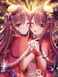 Rule 34 | 2girls, absurdres, blush, brown hair, capelet, cheek-to-cheek, christmas, closed mouth, gloves, hat, heads together, highres, holding hands, idolmaster, idolmaster shiny colors, long hair, looking at viewer, masuku (saint mask), mini hat, multiple girls, one eye closed, open mouth, osaki amana, osaki tenka, red capelet, red headwear, santa costume, siblings, sisters, smile, standing, swept bangs, twins, yellow eyes