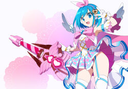 Rule 34 | 1girl, bare shoulders, blue eyes, blue hair, blue skirt, cape, detached sleeves, detached wings, energy cannon, garter straps, gloves, hair ribbon, holding cannon, kaidou zx, looking at viewer, magical girl, mechanical wings, mega man (series), mega man x (series), mega man x dive, pink cape, pink skirt, print skirt, ribbon, rico (mega man), robot girl, short hair, skirt, solo, thighhighs, thighs, v, white gloves, white thighhighs, wings, zettai ryouiki
