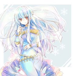 Rule 34 | 1girl, bare shoulders, blue hair, cape, dress, fire emblem, fire emblem: the blazing blade, hair ornament, long hair, looking at viewer, ninian, nintendo, pointy ears, red eyes, smile, solo, yuyu (spika)