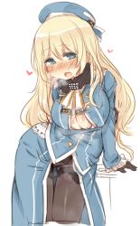 Rule 34 | 10s, 1girl, 7010, atago (kancolle), black gloves, black pantyhose, blonde hair, blue eyes, blush, bra, breasts, cleavage, crotch seam, gloves, hat, heart, kantai collection, large breasts, long hair, looking at viewer, military, military uniform, open mouth, panties, panties under pantyhose, pantyhose, personification, smile, solo, underwear, uniform