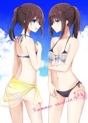 Rule 34 | 2girls, :d, a.a (aa772), ass, bare arms, bare shoulders, bikini, black bikini, blue bikini, blue eyes, blue sky, breasts, brown hair, cleavage, closed mouth, cloud, collarbone, commentary request, day, english text, fingernails, hair between eyes, hakama-chan (aa), hand up, heart, highres, long hair, looking at viewer, looking to the side, multiple girls, navel, open mouth, original, outdoors, ponytail, profile, sarong, see-through, side-tie bikini bottom, sidelocks, sky, small breasts, smile, standing, swimsuit