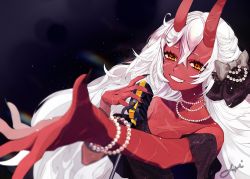 Rule 34 | 1girl, absurdres, akumi (yoclesh), bracelet, commentary, commentary request, facial scar, fang, hair between eyes, happy, highres, horns, jewelry, koe 01 03, long hair, microphone stand, necklace, oni, oni horns, orange eyes, pearl bracelet, pearl necklace, red horns, scar, scar on arm, scar on cheek, scar on face, scar on hand, smile, teeth, vguyen, virtual youtuber, white hair