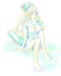 Rule 34 | 00s, 1boy, 1girl, back-to-back, barefoot, blonde hair, bottomless, breasts, feet, macross, macross frontier, open clothes, open shirt, saotome alto, sheryl nome, shirt