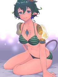 Rule 34 | 1girl, bikini, breasts, chest jewel, collarbone, commentary request, glasses, green bikini, green eyes, green hair, highres, looking at viewer, medium breasts, natto soup, navel, nintendo, pandoria (xenoblade), pointy ears, sitting, smile, solo, striped bikini, striped clothes, swimsuit, tail, xenoblade chronicles (series), xenoblade chronicles 2