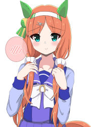 Rule 34 | 1girl, alternate hairstyle, animal ears, blush, collarbone, commentary request, hair ornament, hairclip, headband, highres, himawari (sunflower7373), horse ears, horse girl, horse tail, long hair, looking at viewer, low twintails, orange hair, school uniform, silence suzuka (umamusume), simple background, smile, solo, standing, tail, tracen school uniform, twintails, umamusume, white background