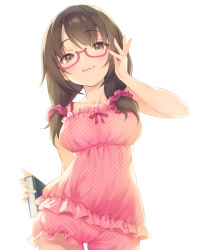 Rule 34 | 1girl, arm up, blush, book, breasts, brown hair, cameltoe, collarbone, commentary request, cowboy shot, glasses, hair over shoulder, holding, holding book, large breasts, long hair, looking at viewer, low twintails, original, pajamas, pokachu, red-framed eyewear, revision, scrunchie, semi-rimless eyewear, smile, solo, twintails, under-rim eyewear
