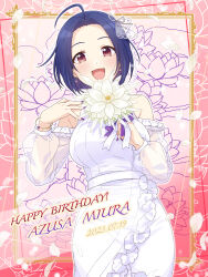 Rule 34 | 1girl, 2023, :d, absurdres, ahoge, blue hair, bouquet, bracelet, dated, dress, earrings, flower, framed, gem, hair intakes, happy birthday, highres, holding, holding bouquet, idolmaster, idolmaster (classic), jewelry, long sleeves, looking at viewer, miura azusa, nail polish, open mouth, outline, petals, purple gemstone, purple nails, purple ribbon, red eyes, ribbon, see-through, see-through sleeves, shiro (ongrokm), short hair, smile, solo, sparkle, white dress, white flower, white ribbon