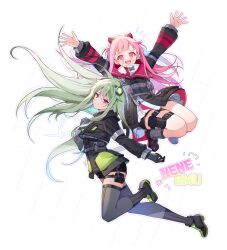 Rule 34 | 2girls, absurdres, animal ears, black footwear, black jacket, black shorts, black thighhighs, boots, cat ears, character name, close game/offline (project sekai), closed mouth, dress, green hair, highres, jacket, kusanagi nene, long hair, long sleeves, looking at viewer, mechanical ears, multiple girls, ootori emu, open mouth, pink eyes, pink hair, project sekai, purple eyes, sha (nz2), shorts, simple background, smile, thigh strap, thighhighs, very long hair, white background, white dress
