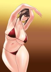 Rule 34 | 1girl, armpits, arms up, bare shoulders, bikini, breasts, brown eyes, brown hair, cleavage, collarbone, covered erect nipples, curvy, female focus, fusano fumie, gradient background, groin, hair between eyes, half-closed eyes, halterneck, hip focus, huge breasts, lips, long image, looking at viewer, mature female, milk junkies, milk junkies 2, mole, mole on breast, navel, one eye closed, parted lips, red bikini, shiny skin, short hair, skindentation, smile, solo, standing, string bikini, swept bangs, swimsuit, tall image, tatsunami youtoku, thick thighs, thigh gap, thighs, wide hips, wink