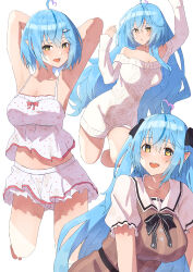 Rule 34 | :d, :o, absurdres, ahoge, armpits, arms behind back, arms behind head, arms up, belt, black belt, black bow, blue hair, bow, breasts, brown dress, camisole, cleavage, cropped legs, cruzango0510, dress, film grain, frilled camisole, frilled shorts, frilled sleeves, frills, hair bow, hair ornament, heart, heart ahoge, highres, hololive, large breasts, light blue hair, long hair, long sleeves, looking at viewer, meme attire, multiple views, open mouth, panda hair ornament, parted lips, pointy ears, polka dot, polka dot camisole, polka dot shorts, short hair, short sleeves, shorts, sleeves past wrists, smile, striped clothes, striped dress, sweater, teeth, upper teeth only, virtual youtuber, white sweater, yellow eyes, yukihana lamy