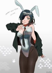 Rule 34 | 1girl, absurdres, animal ears, black hair, black jacket, chainsaw man, chinese zodiac, detached collar, eyepatch, fake animal ears, gradient background, green eyes, grey leotard, happy new year, highres, himeno (chainsaw man), jacket, leotard, looking at viewer, momokan (meloco), new year, pantyhose, rabbit ears, short hair, smile, solo, strapless, strapless leotard, year of the rabbit