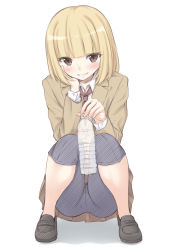 Rule 34 | 10s, 1girl, bike shorts, blonde hair, blush, bottle, brown skirt, full body, grin, hand on own cheek, hand on own face, holding, loafers, looking at viewer, midorikawa hana, pants, pants under skirt, pleated skirt, prison school, school uniform, shadow, shoes, short hair, shorts, shorts under skirt, simple background, skirt, smile, solo, squatting, tomifumi, water bottle, white background
