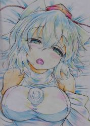 Rule 34 | 1girl, absurdres, animal ears, bad id, bad pixiv id, blush, breasts, colored pencil (medium), detached sleeves, grey eyes, half-closed eyes, hat, highres, inubashiri momiji, kitazinger, large breasts, looking at viewer, lying, on back, open mouth, saliva, saliva trail, sideboob, silver hair, solo, sweat, tokin hat, touhou, traditional media, upper body, wolf ears
