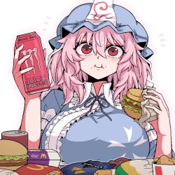 Rule 34 | 1girl, :i, blue hat, blue kimono, blush, breasts, burger, can, churro, closed mouth, doritos, eating, food, formicid, french fries, hair between eyes, hat, holding, holding can, holding food, huge breasts, japanese clothes, kimono, korean commentary, looking at viewer, mcdonald&#039;s, mob cap, monster energy, pink hair, red eyes, revision, saigyouji yuyuko, short hair, simple background, sleeve garter, solo, touhou, triangular headpiece, upper body, white background