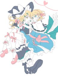 Rule 34 | 2girls, absurdres, alice margatroid, alternate costume, blonde hair, bloomers, blue eyes, blush, bobby socks, broom, broom riding, capelet, couple, flat color, hair ribbon, hairband, holding hands, hat, heart, highres, interlocked fingers, kirisame marisa, mary janes, multiple girls, open mouth, ribbon, shoes, smile, socks, touhou, tsuno no hito, underwear, white background, white legwear, witch hat, yellow eyes, yuri