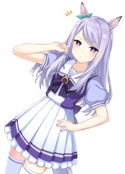 Rule 34 | 1girl, animal ears, blouse, blush, bow, closed mouth, commentary request, dutch angle, green ribbon, hair ribbon, hajime kaname, hand on own hip, hand up, highres, horse ears, horse girl, horse tail, long hair, looking at viewer, mejiro mcqueen (umamusume), pleated skirt, puffy short sleeves, puffy sleeves, purple bow, purple eyes, purple hair, purple shirt, ribbon, sailor collar, school uniform, serafuku, shirt, short sleeves, simple background, skirt, solo, swept bangs, tail, thighhighs, umamusume, white background, white sailor collar, white skirt, white thighhighs