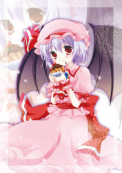 Rule 34 | 1girl, :q, bad id, bad pixiv id, bat wings, eating, female focus, food, hat, light purple hair, red eyes, remilia scarlet, solo, tart (food), tongue, tongue out, touhou, white-brown, wings, wrist cuffs, zoom layer