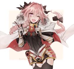 Rule 34 | 1boy, astolfo (fate), black bow, black thighhighs, bow, braid, cape, conohi (snvcenni), fang, fate/apocrypha, fate/grand order, fate (series), fur-trimmed cape, fur trim, garter straps, gauntlets, hair bow, hair intakes, horn (instrument), index fingers raised, long braid, long hair, looking at viewer, male focus, multicolored hair, one eye closed, open mouth, pink hair, purple eyes, signature, simple background, single braid, skin fang, skirt, smile, solo, sparkle, sparkling eyes, streaked hair, thighhighs, trap, white cape, white hair