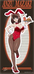 Rule 34 | 1girl, absurdres, animal ears, blue eyes, bow, bowtie, breasts, brown hair, bunny day, burger, character name, cleavage, detached collar, drink, fishnet pantyhose, fishnets, food, french fries, full body, hand on own hip, high heels, highres, large breasts, leotard, mazaki anzu, pantyhose, playboy bunny, rabbit ears, red bow, red bowtie, red footwear, red leotard, sakura painter, short hair, smile, solo, strapless, strapless leotard, wrist cuffs, yu-gi-oh!, yu-gi-oh! duel monsters