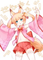 Rule 34 | 1girl, animal ear fluff, animal ears, armpits, arms up, bell, blonde hair, blue eyes, detached sleeves, fox ears, fox tail, hair ornament, hairclip, japanese clothes, jingle bell, kemomimi oukoku kokuei housou, long hair, miko, mikoko (kemomimi oukoku kokuei housou), miniskirt, navel, open clothes, open shirt, outstretched arms, pink shirt, red skirt, ribbon, shirt, skirt, solo, tail, thighhighs, twintails, ug (nekonekodou), virtual youtuber, white thighhighs